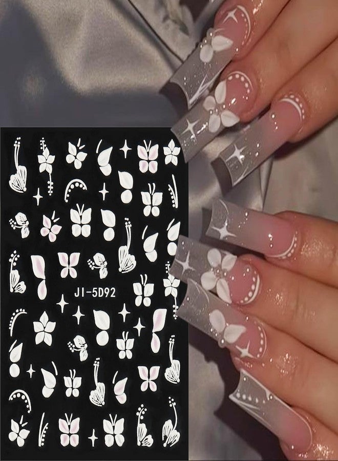 Fcozpjk 5D Embossed White Flowers Nail Stickers, 5 Sheets Self-Adhesive Floral Nail Decals, Spring Rose Butterfly Nail Art, 3D Acrylic Flowers for Manicure Decor - Image 3